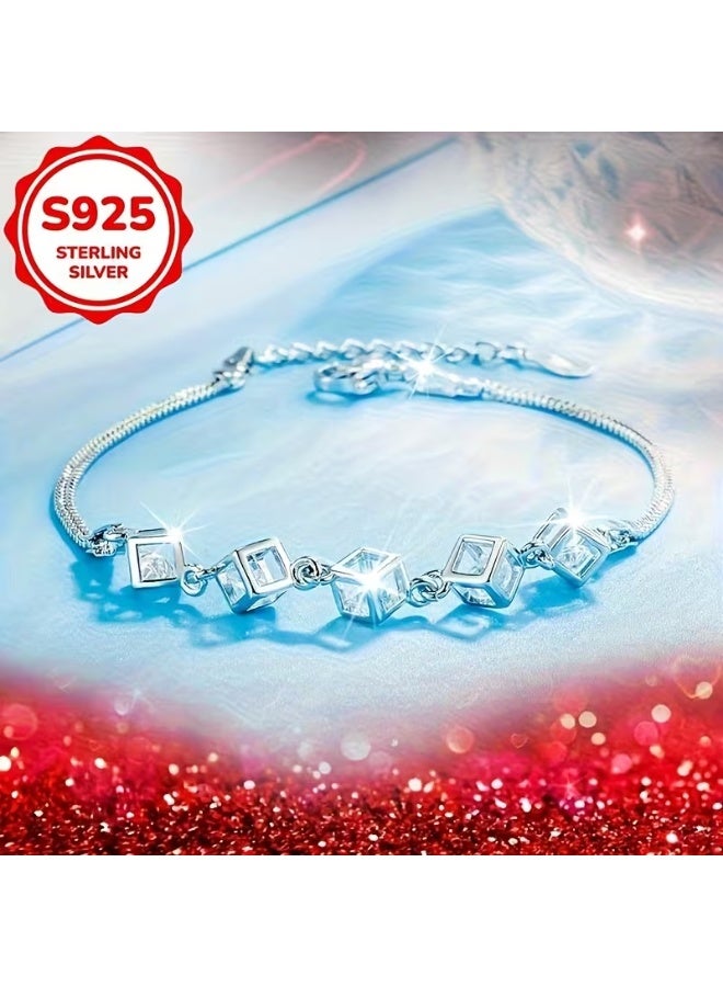 aeen S925 Sterling Silver Square Geometric Bracelet – Elegant Love Cube Design, High-End Versatile Women’s Jewelry for Daily Wear, Birthdays & Christmas Gifts - Image 4