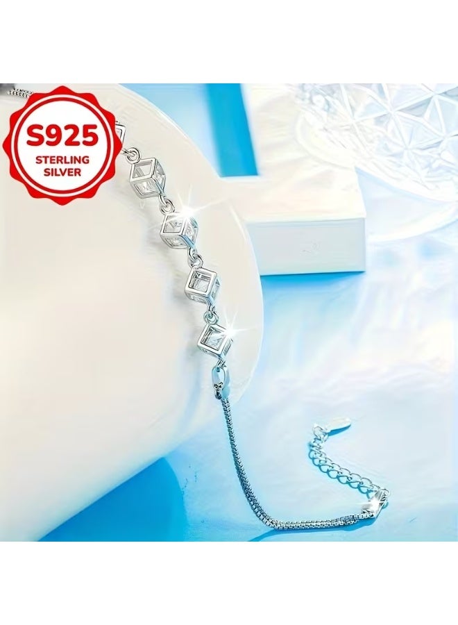 aeen S925 Sterling Silver Square Geometric Bracelet – Elegant Love Cube Design, High-End Versatile Women’s Jewelry for Daily Wear, Birthdays & Christmas Gifts - Image 3