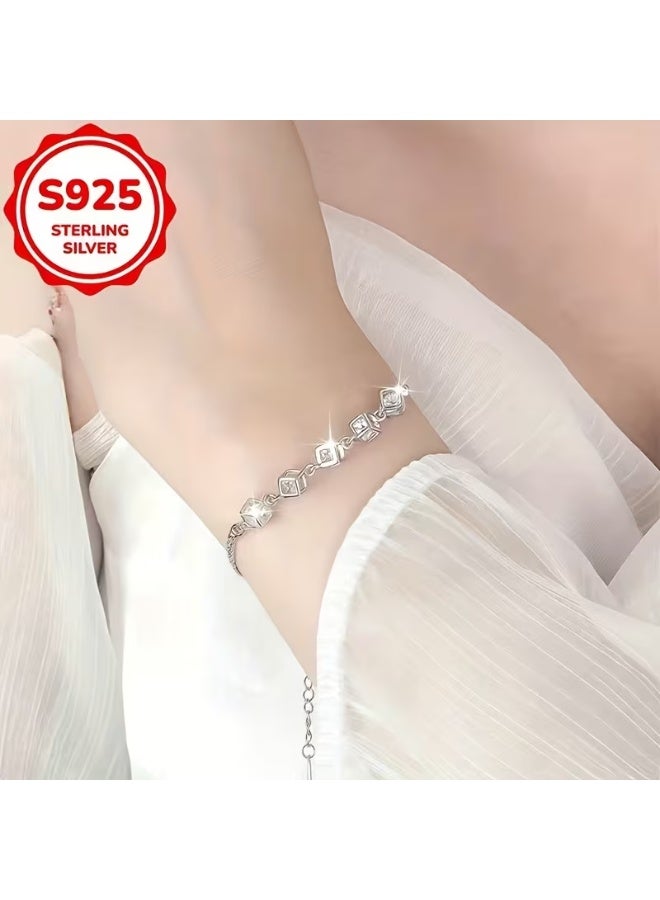 aeen S925 Sterling Silver Square Geometric Bracelet – Elegant Love Cube Design, High-End Versatile Women’s Jewelry for Daily Wear, Birthdays & Christmas Gifts - Image 2