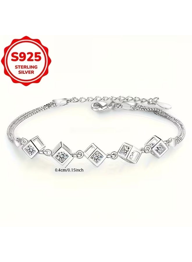 aeen S925 Sterling Silver Square Geometric Bracelet – Elegant Love Cube Design, High-End Versatile Women’s Jewelry for Daily Wear, Birthdays & Christmas Gifts - Image 5