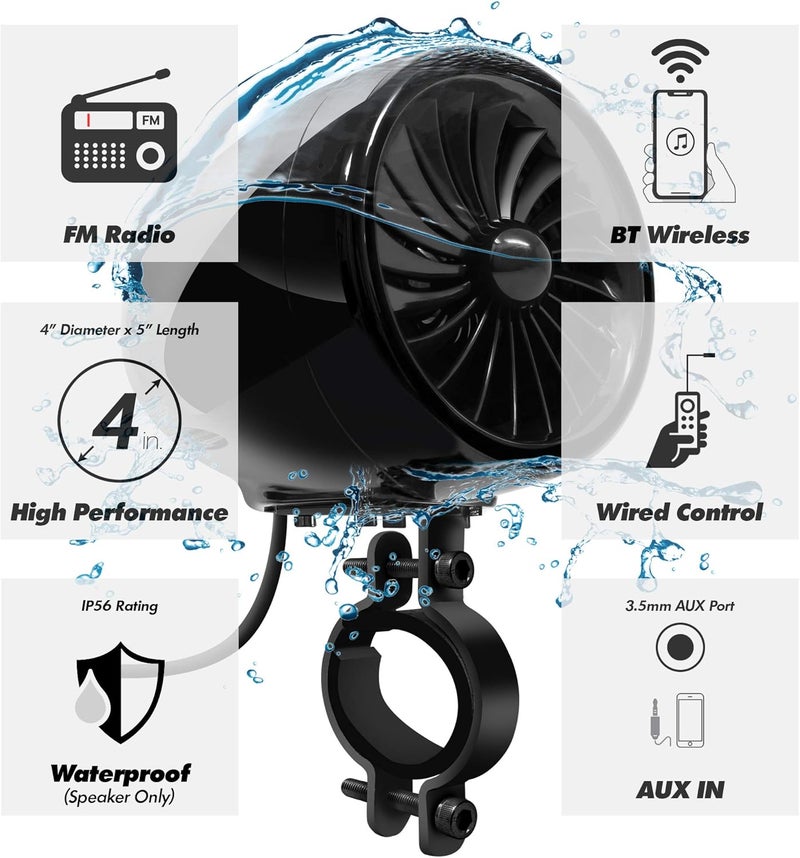 GoHawk TJ4-R 4" Waterproof Bluetooth Motorcycle Stereo Speakers with Amplifier - Image 3