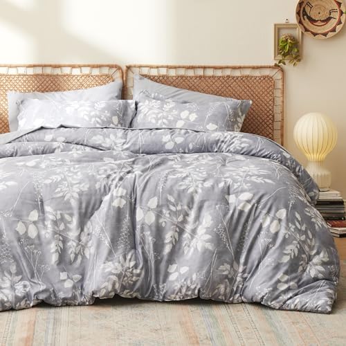 Bedsure Full Size Comforter Set 7 Pieces Floral Grey Soft Bedding Sets Full Bed in a Bag with Botanical Flowers Comforter Sheets Pillowcases Shams