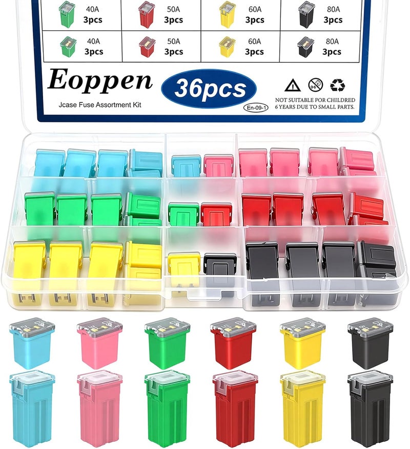 Eoppen 36Pcs Jcase Fuse Car Fuses Assortment Kit Automotive Tall/Standard and Low Profile Jcase Box Shaped Automotive Fuses for Trucks Cars and SUVs (20A, 30A, 40A, 50A, 60A, 80A) - Image 1