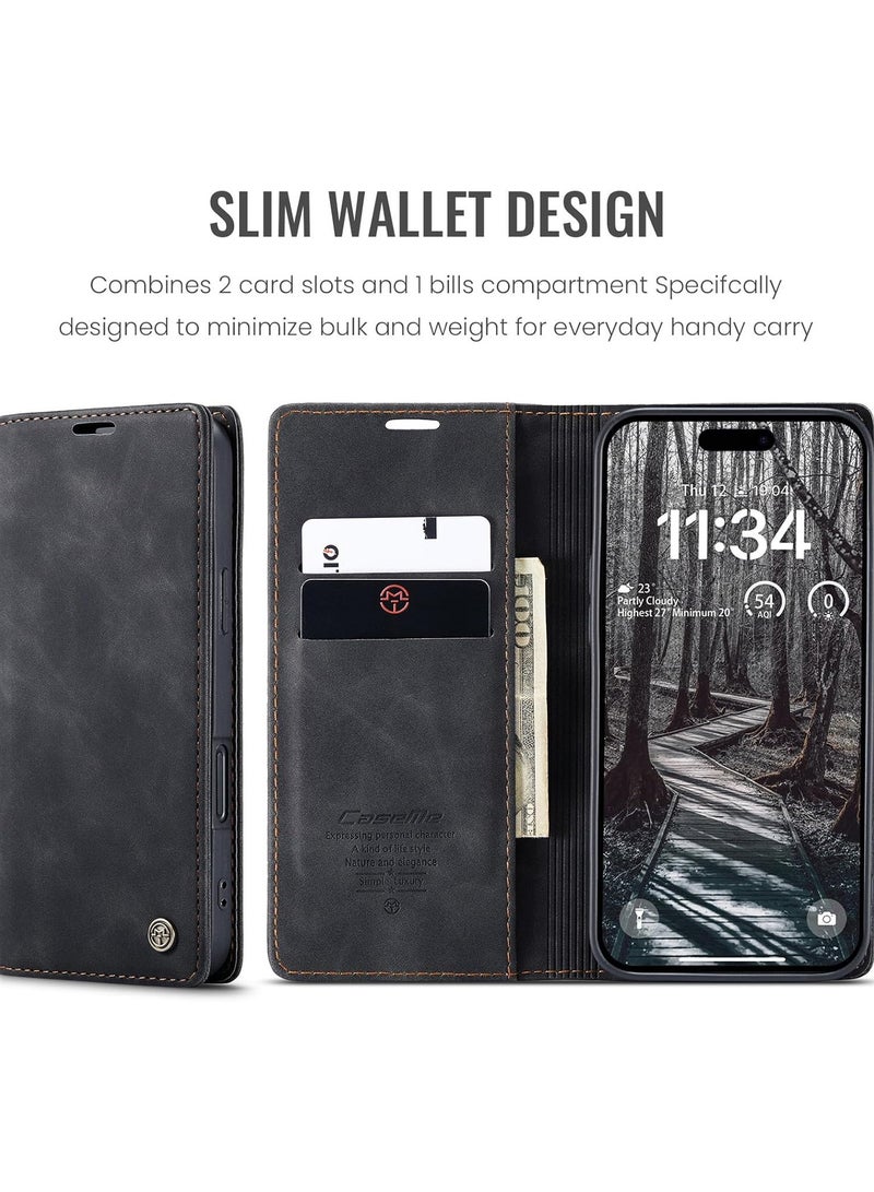 جراب محفظة جلد PU عتيق قابل للطي مع حامل بطاقات، إغلاق مغناطيسي، غطاء مقاوم للصدمات بمسند لهاتف iPhone 17 Pro Max - أسود - Image 2