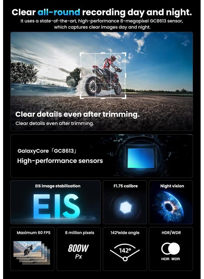AKEEYO AKY-710pro Motorcycle/Bike Camera 4K 28fps, 2K 55fps, Wide-Angle 142°, IP67, 5MP, Loop & Emergency Recording, Parking Monitor, Bicycle,Outdoor Sports, Rechargeable, 64GB Card Included - Image 2