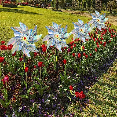 Optifit® 5 Pack Anti-bird Reflective Pinwheels Stake 20.8 Inches Reflective 8-blade Windmill Yard Decoration Anti Bird Silver Reflective Pinwheels for Garden Yard Lawn Outdoor Decor - Image 2