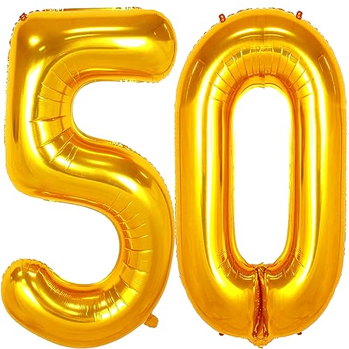 Jonhamwelbor 50 Number Balloons Gold Big Giant Jumbo Number 50 Foil Mylar Balloons for 50th Birthday Party Supplies 50 Anniversary Events Decorations - Image 1