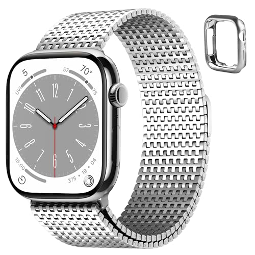 Fullmosa Compatible with Apple Watch Bands 41mm 40mm 38mm for Women Men Stainless Steel Mesh Loop Magnetic Clasp iWatch Band with TPU Case for Apple Watch Series 9 8 7 6 5 4 3 2 1 SE321 Silver - Image 1