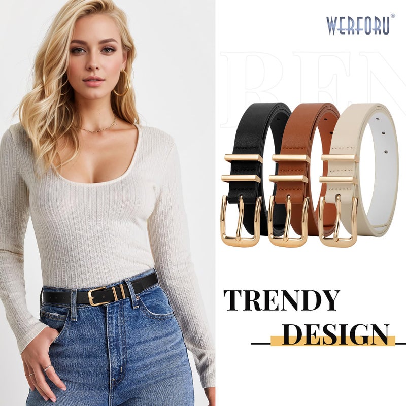 WERFORU 3 PACK Women Belt Women Fashion Leather Belts for Jeans Pants Ladies Belts with Gold Buckle,A-Black+Brown+Beige,Fit Waist Size 32-36 Inches - Image 2