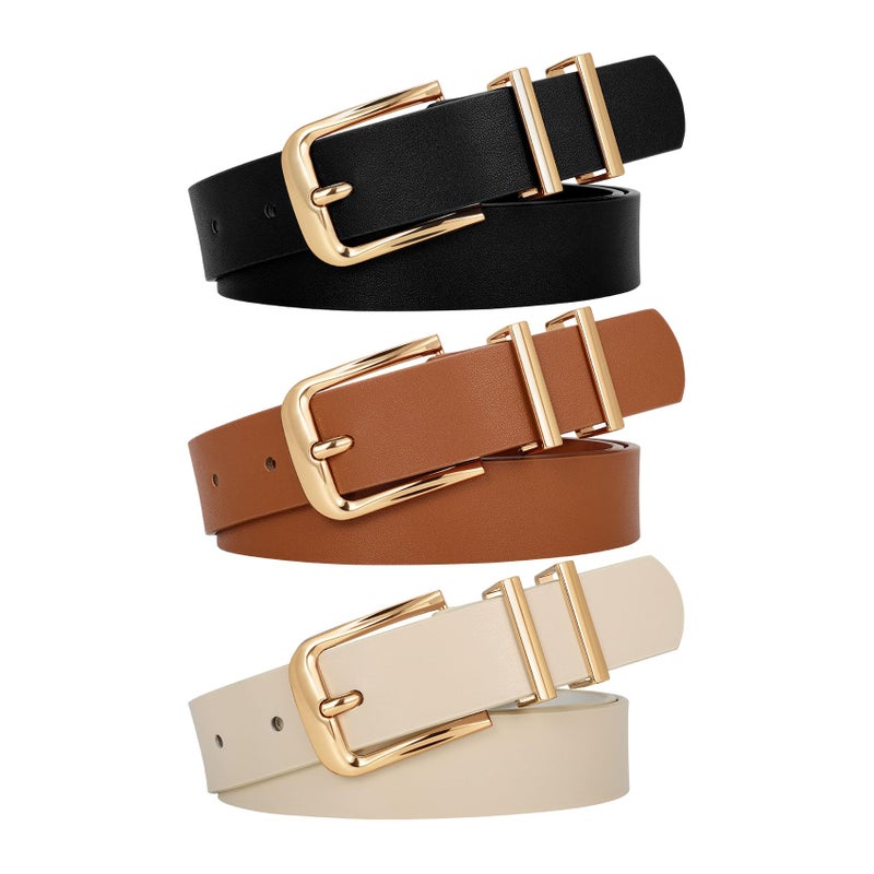 WERFORU 3 PACK Women Belt Women Fashion Leather Belts for Jeans Pants Ladies Belts with Gold Buckle,A-Black+Brown+Beige,Fit Waist Size 32-36 Inches - Image 1