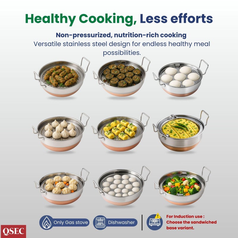 QSEC Stainless Steel Multi Kadai Idli Cooker with Copper Bottom - All-in-One Big Size Dhokla Cooker | 2 Dhokla | Momo Steamer - 285MM 100% Non-Toxic Material - Image 4