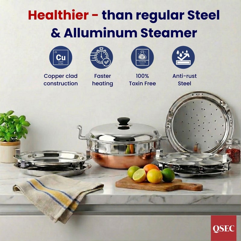 QSEC Stainless Steel Multi Kadai Idli Cooker with Copper Bottom - All-in-One Big Size Dhokla Cooker | 2 Dhokla | Momo Steamer - 285MM 100% Non-Toxic Material - Image 3