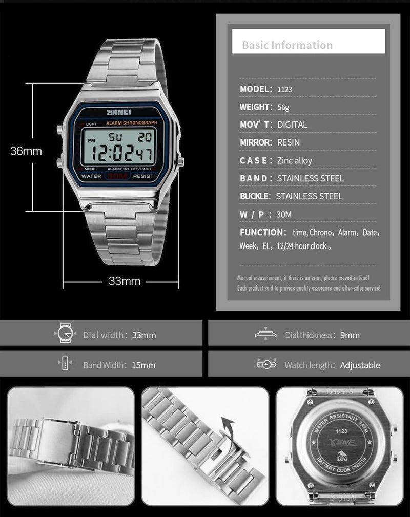 SNE Men's Digital Watch Stainless Steel Band Water Resistant Electronic Square LED Back Light Classic Wristwatch Silver - Image 5
