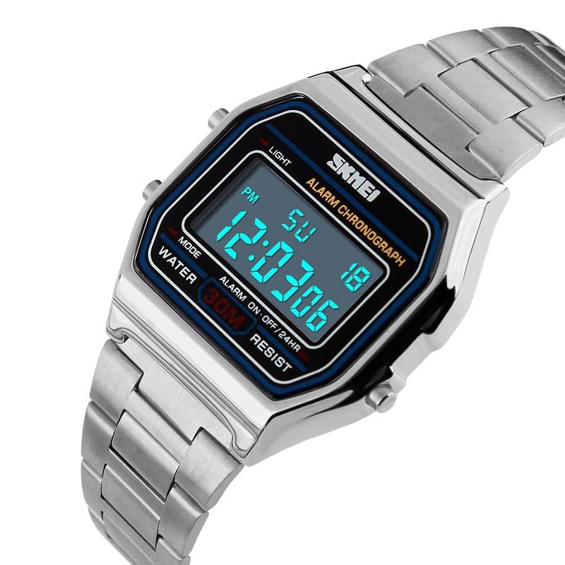 SNE Men's Digital Watch Stainless Steel Band Water Resistant Electronic Square LED Back Light Classic Wristwatch Silver - Image 3
