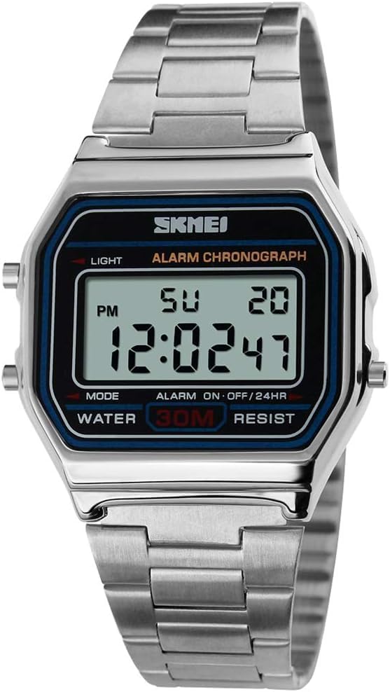 SNE Men's Digital Watch Stainless Steel Band Water Resistant Electronic Square LED Back Light Classic Wristwatch Silver - Image 2