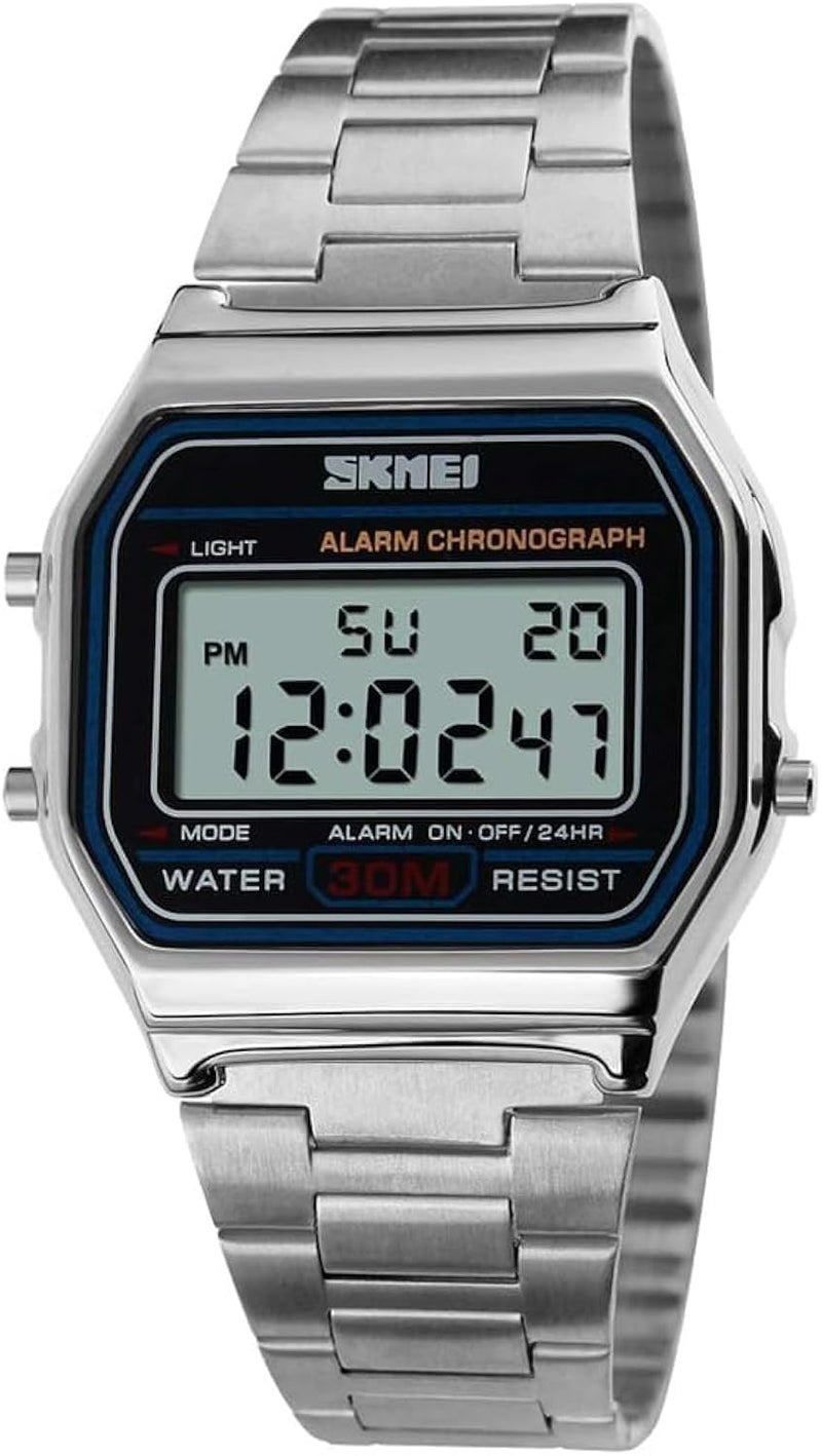 SNE Men's Digital Watch Stainless Steel Band Water Resistant Electronic Square LED Back Light Classic Wristwatch Silver - Image 1