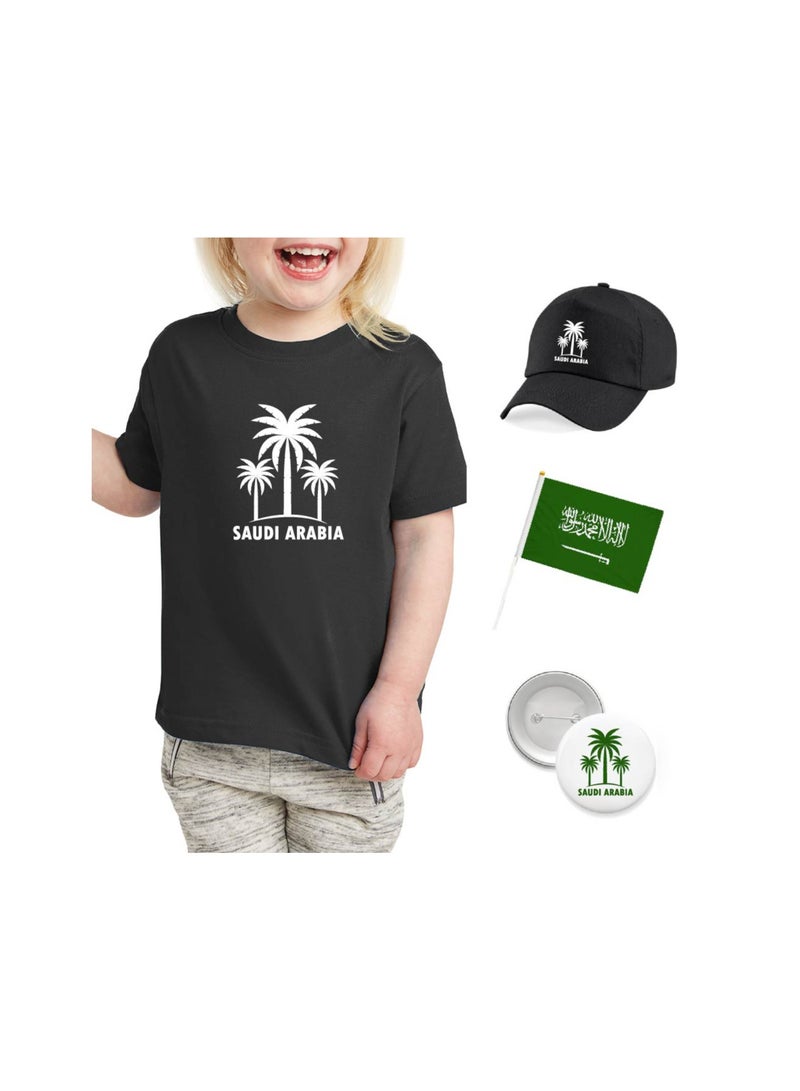 Saudi National Day T Shirt for Girls, Cap, Badge, Flag Set Celebrate Pakistan Saudi National Day with this Kids Combo Pack in Style - Image 1