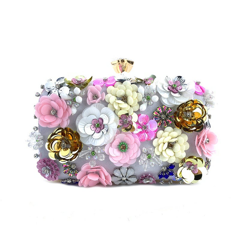 Elegant Floral Beaded Evening Clutch for Women Silver
