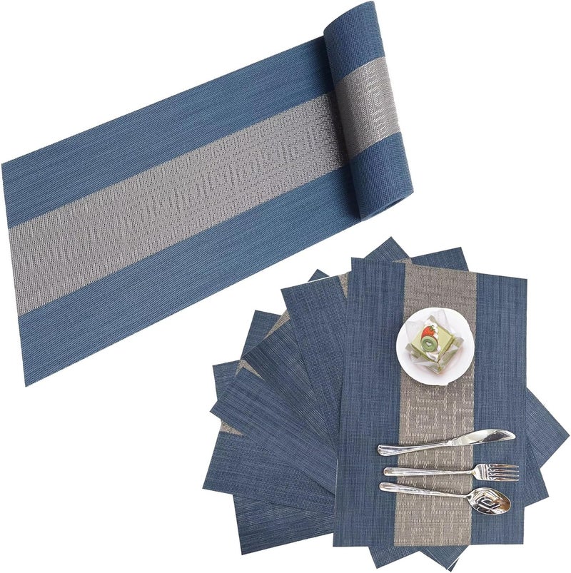 Misuhom Placemats with Table Runner Set Place Mats Woven Crossweave Placemat Vinyl Kitchen Tablemat Washable PVC Table Mats for Dining Table Parties Farmhouse Thanksgiving Christmas  Gathering Blue C - Image 1