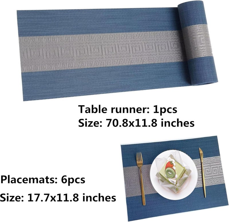 Misuhom Placemats with Table Runner Set Place Mats Woven Crossweave Placemat Vinyl Kitchen Tablemat Washable PVC Table Mats for Dining Table Parties Farmhouse Thanksgiving Christmas  Gathering Blue C - Image 2