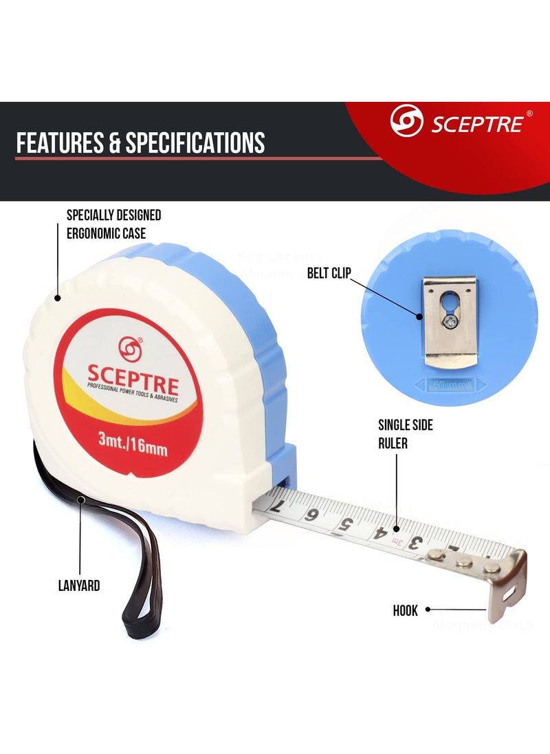 Sceptre SCEPTRE 3M Steel Inchi Measuring Tape with NonSlip ABS Case Heavy Duty Auto Retractable Measure Length Carpenters Choice 3 Meter Length  - Image 2