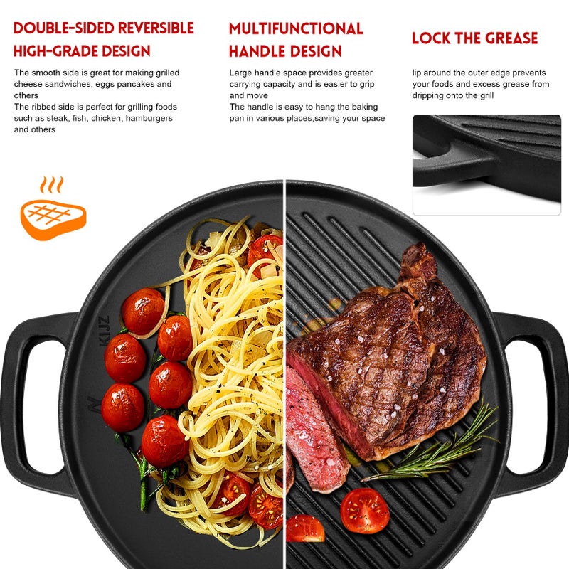 GGC Cast Iron Reversible Griddle, 12 inch Griddle Pan for Stove Tops, Gas Grills and Outdoor Cooking, Double-sided Griddle Plate with Baking Flat and Ribbed - Image 3