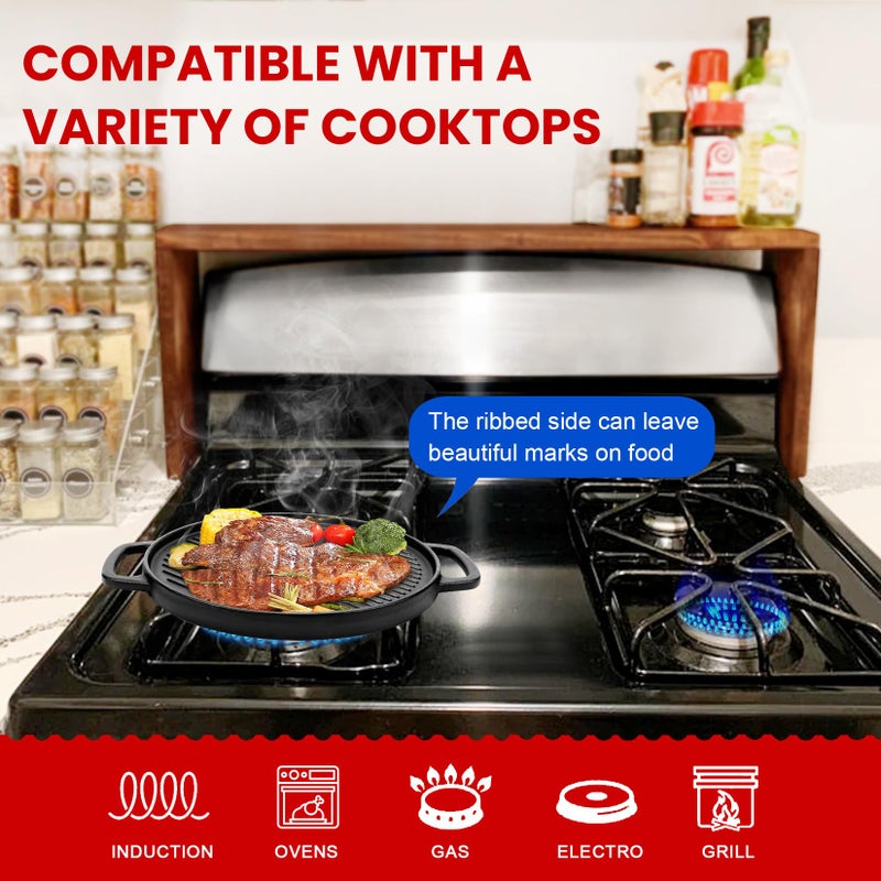 GGC Cast Iron Reversible Griddle, 12 inch Griddle Pan for Stove Tops, Gas Grills and Outdoor Cooking, Double-sided Griddle Plate with Baking Flat and Ribbed - Image 5