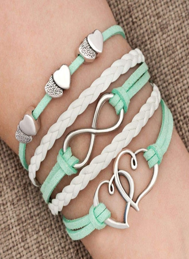 Hithop Leather Wrap Bracelets Women Double Hearts Infinity Rope Wristband Bracelets Gifts (Green) - Image 2