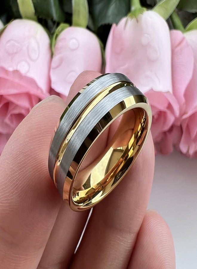 TUTISS 8mm Gold Tungsten Rings for Men Women Couple Fashion Engagement Wedding Bands Grooved Beveled Edges Brushed Finish Comfort Fit Size 12.5 - Image 4