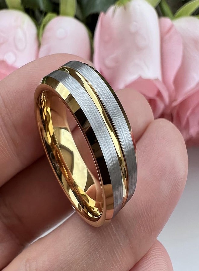TUTISS 8mm Gold Tungsten Rings for Men Women Couple Fashion Engagement Wedding Bands Grooved Beveled Edges Brushed Finish Comfort Fit Size 12.5 - Image 2