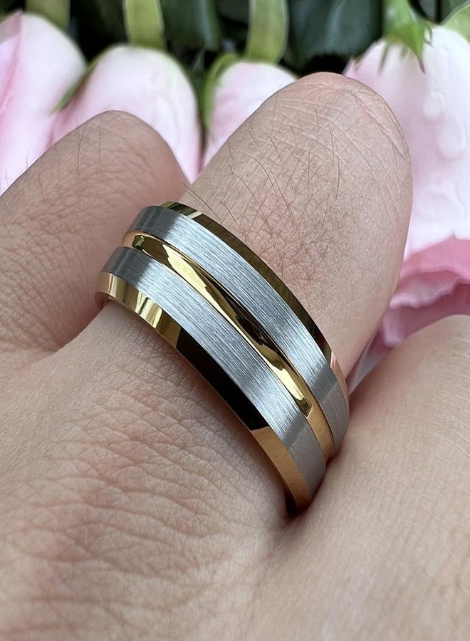 TUTISS 8mm Gold Tungsten Rings for Men Women Couple Fashion Engagement Wedding Bands Grooved Beveled Edges Brushed Finish Comfort Fit Size 12.5 - Image 5