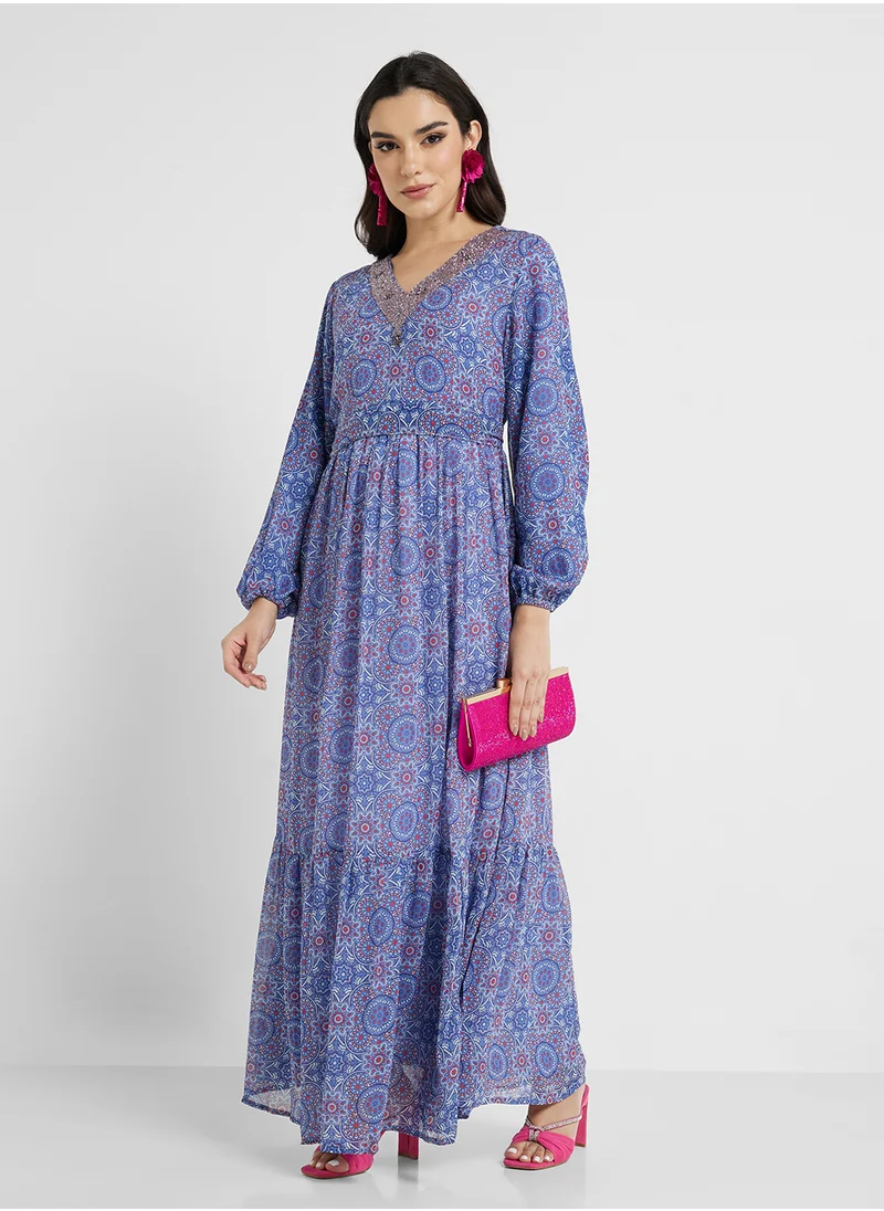 كشخة V-Neck Bohemian Printed Dress with Beads Work (VNT917)