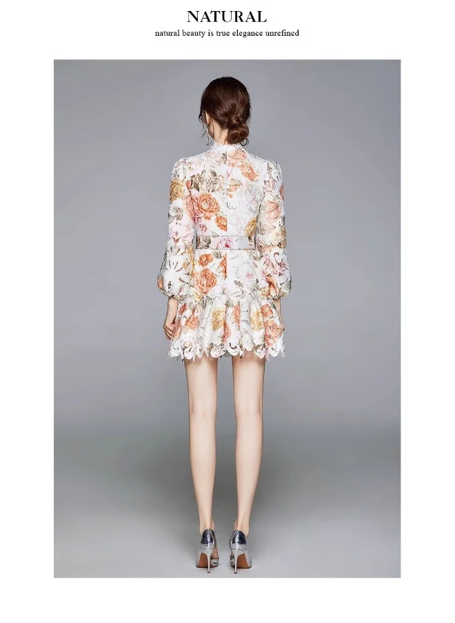 Madam Uniq Floral Hollow-Out Stand Collar Long Sleeve High Waist Puff Sleeve Mini Dress