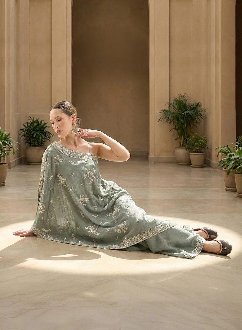 ISHIN Rich Chinon Embroidered Brown Embroidered A Line Co-Ords ShararaBottom