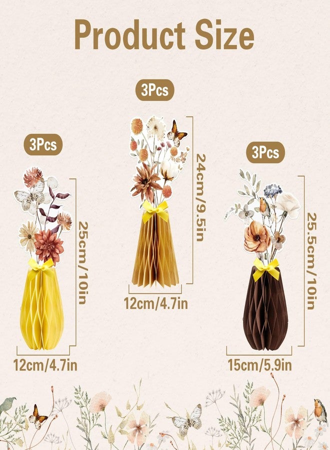 Paper Jazz Fall Flowers Centerpiece,9pcs Boho Decoration for Home Indoor,Neutral Home Decoration Decorative Honeycomb with Floral Art Print, Butterfly Design, Set of 9, Brown and Beige - Image 3