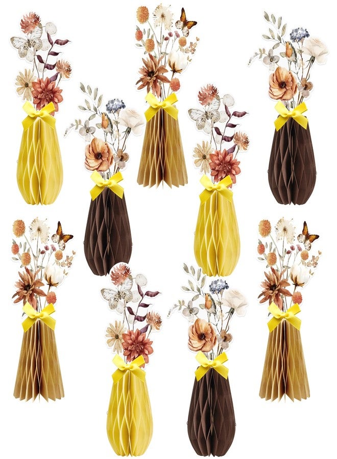 Paper Jazz Fall Flowers Centerpiece,9pcs Boho Decoration for Home Indoor,Neutral Home Decoration Decorative Honeycomb with Floral Art Print, Butterfly Design, Set of 9, Brown and Beige - Image 1