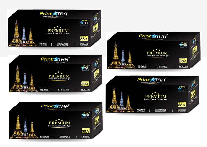 Print Star 88A Single Colour Black Laser Toner Cartridge Replacement of HP CC388A Compatible with HP Laserjet P1106, P1108, 1136, 1213, 1216, 9107, 1008 (Pack of 5) - Image 1