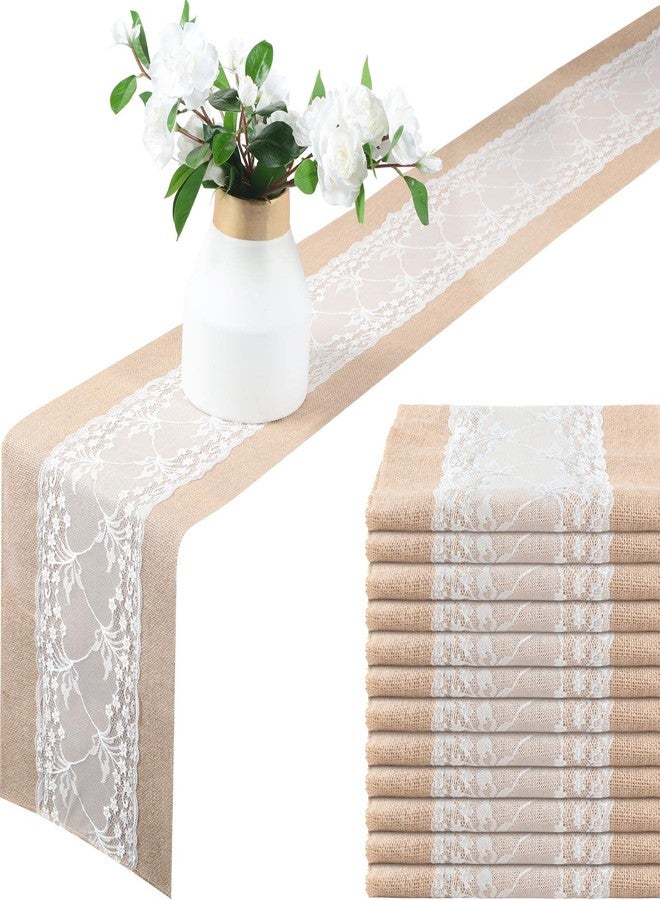 Shimeyao 12 Pcs Burlap Table Runner 11.8 x 70.9 Inch White Lace Table Cover Rustic Country Wedding Decor Jute Linen Vintage Table Cloth for Party Farmhouse Home Engagement Holiday Birthday Party Favor - Image 1