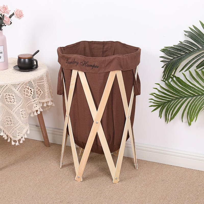 Kuber Industries Laundry Basket With Foldable Wooden Stand|Stylish Laundry Hamper, Organizer|Idol For Home D?cor, Storing Dirty Clothes, Toys (Brown) - Image 4