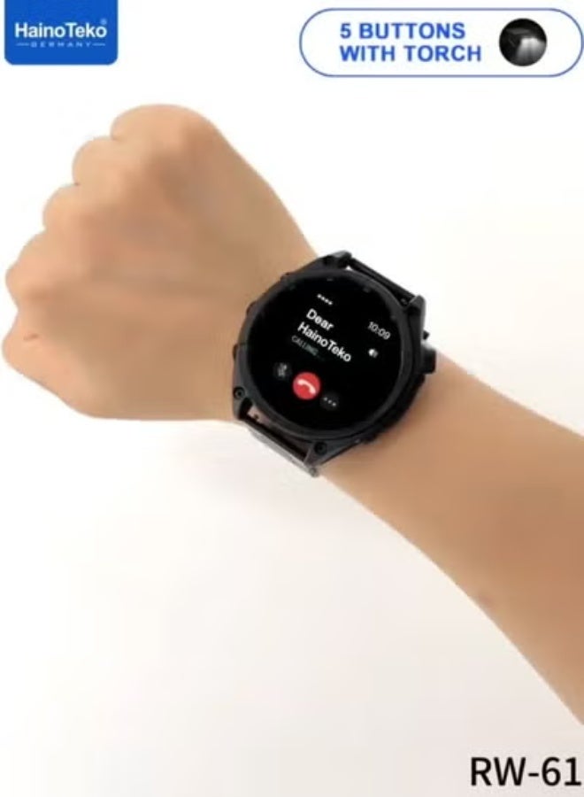 HainoTeko RW-61 Smartwatch Silver for Ladies & Gents with Round AMOLED Display, Built-In Flashlight, IP67 Waterproof Design, 3 Interchangeable Straps, Heart Rate & Sleep Monitoring, Multi-Sport Modes, Smart Notifications, Long Battery Life, Charging Cable Included, Stylish Unisex Wearable for Daily Use, Sports, Gym, and Office - Image 1