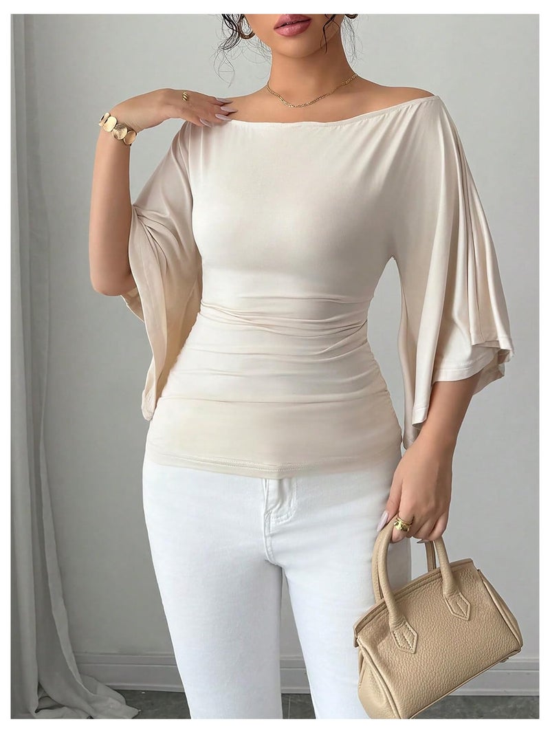 OYOANGLE Women's Bell Sleeve Tops Off The Shoulder T Shirts Slim Fitted Dressy Casual Blouses Apricot Small - Image 4