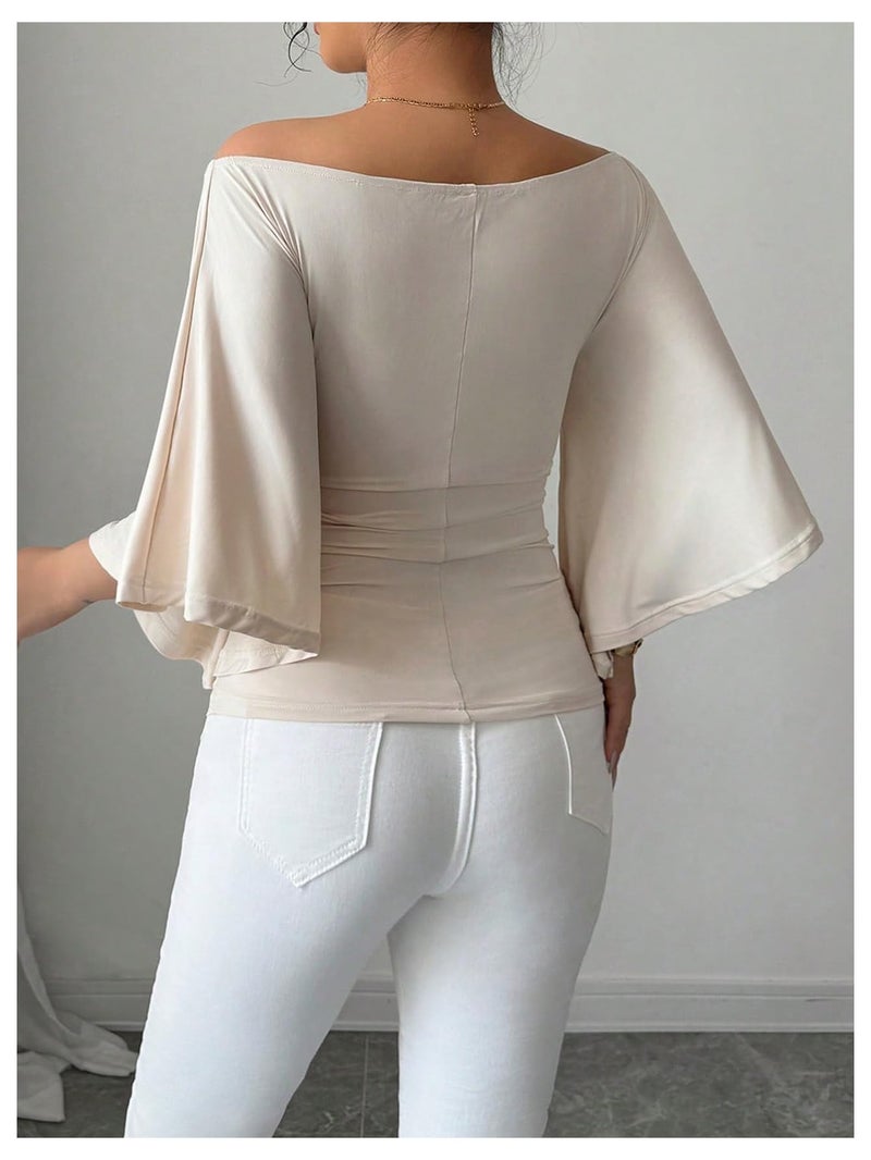 OYOANGLE Women's Bell Sleeve Tops Off The Shoulder T Shirts Slim Fitted Dressy Casual Blouses Apricot Small - Image 3
