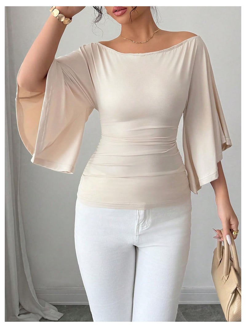OYOANGLE Women's Bell Sleeve Tops Off The Shoulder T Shirts Slim Fitted Dressy Casual Blouses Apricot Small - Image 5