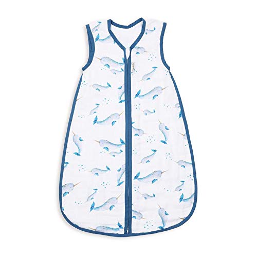 Masilo 100% Organic Cotton Silky-Soft Bamboo Muslin Sleeping Bag-Baby Wearable Blanket with Zipper Soft & Lightweight-Age 0-6 Months, Narwhal-Blue - Image 1