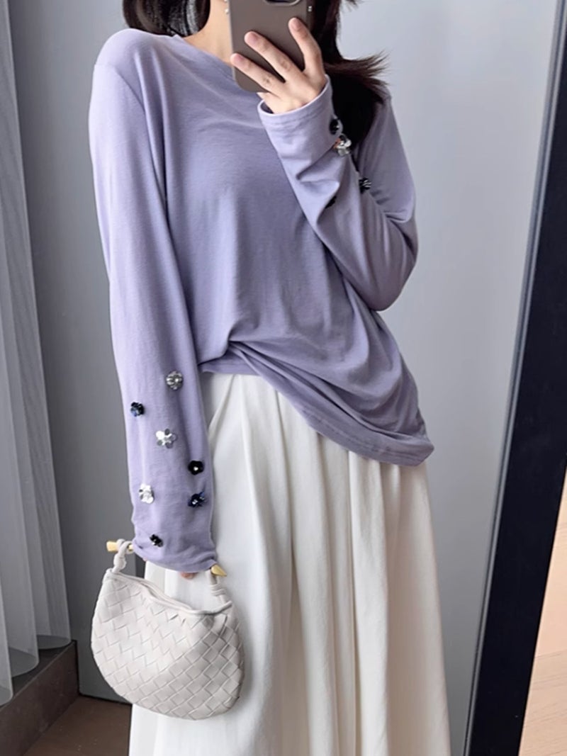 Meiyang Flower Bottoming Shirt Merino Orchid Mint Mambo Pearl Flower T-Shirt - Image 2