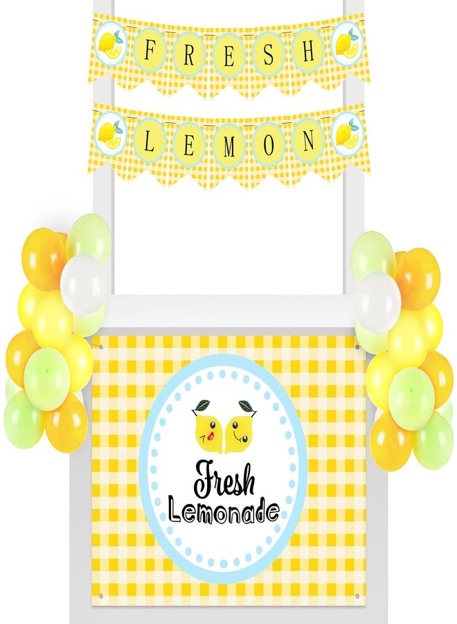 RoundFunny 43 Pcs Lemonade Stand Supplies 45" x 31" Tablecloth, 2 Fresh Lemon Garland, 40 Balloons for Fresh Squeezed Lemonade Stand Decorations Kit Summer Picnic Lemon Birthday Party(Yellow,Check) - Image 1