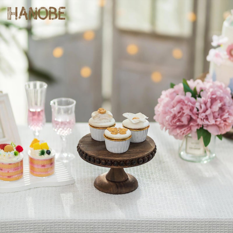 Hanobe Small Wood Cake Stand: Cupcake Pedestal Stand 8 inch Dessert Display Riser Distressed Rustic Round Cakes Holder Tray Vintage Beads Wooden Plate for Wedding Birthday Decor - Image 2