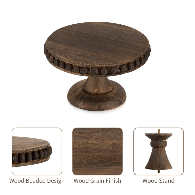 Hanobe Small Wood Cake Stand: Cupcake Pedestal Stand 8 inch Dessert Display Riser Distressed Rustic Round Cakes Holder Tray Vintage Beads Wooden Plate for Wedding Birthday Decor - Image 4
