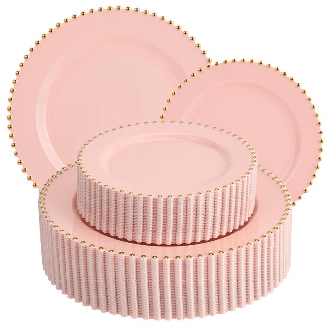 EI 60PCS PINK PLASTIC PLATES WITH GOLD RIMPINK PARTY PLATES DISPOSABLEHEAVY DUTY DINNERDESSERT FANCY ELEGANT PLATE FOR WEDDINGBIRTHDAYAFTERNOON TEA