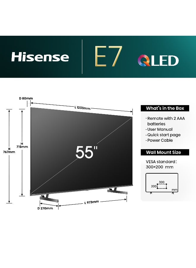 Hisense 55 inch QLED Smart TV E7N-Quantum Dot Colour, AI Picture, Dolby Vision, Dolby Atmos, Share to TV, Voice Control, Filmmaker Mode, Youtube, Netflix, Disney+ And Shahid, (2024 New Model), 60Hz, 2 Year Warranty 55E7N Black - Image 2